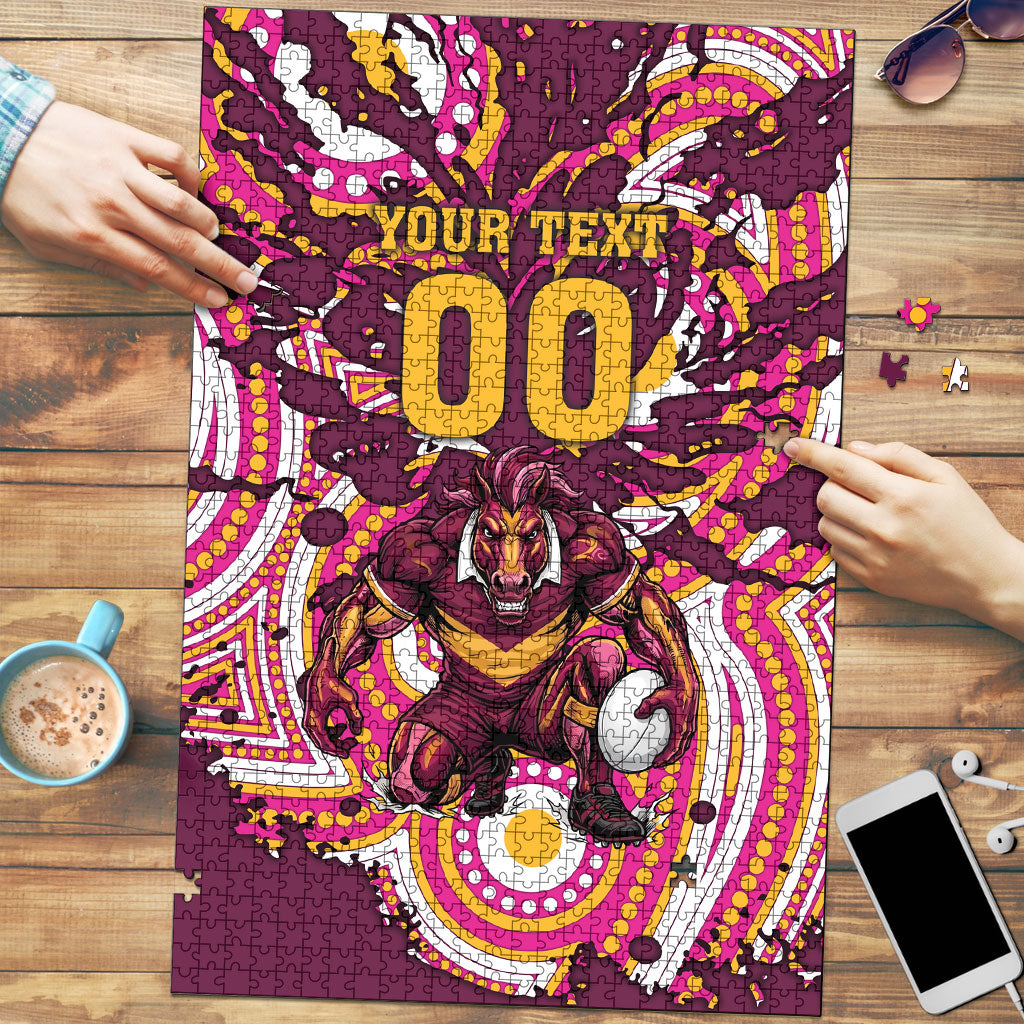 Personalised Brisbane Broncos Rugby Puzzle Aboriginal Art Style Pink And Gold Patterned Graphics
