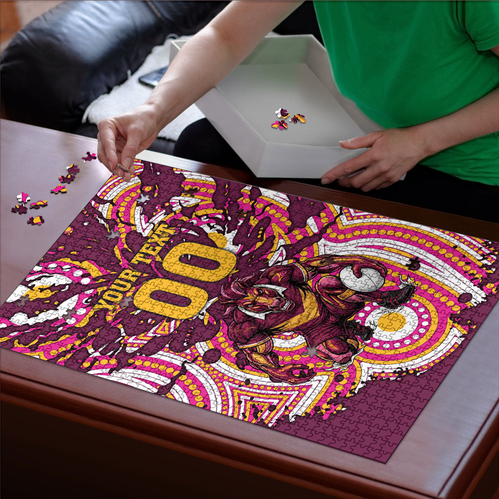 Personalised Brisbane Broncos Rugby Puzzle Aboriginal Art Style Pink And Gold Patterned Graphics