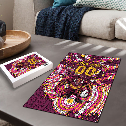 Personalised Brisbane Broncos Rugby Puzzle Aboriginal Art Style Pink And Gold Patterned Graphics