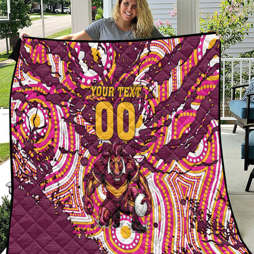 Personalised Brisbane Broncos Rugby Quilt Aboriginal Art Style Pink And Gold Patterned Graphics
