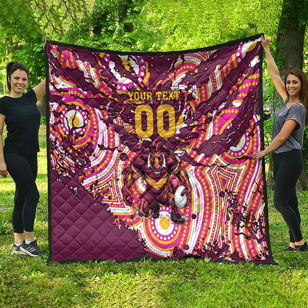 Personalised Brisbane Broncos Rugby Quilt Aboriginal Art Style Pink And Gold Patterned Graphics