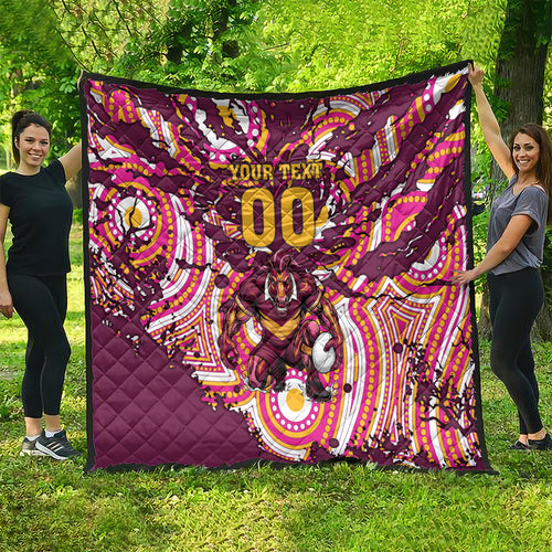 Personalised Brisbane Broncos Rugby Quilt Aboriginal Art Style Pink And Gold Patterned Graphics