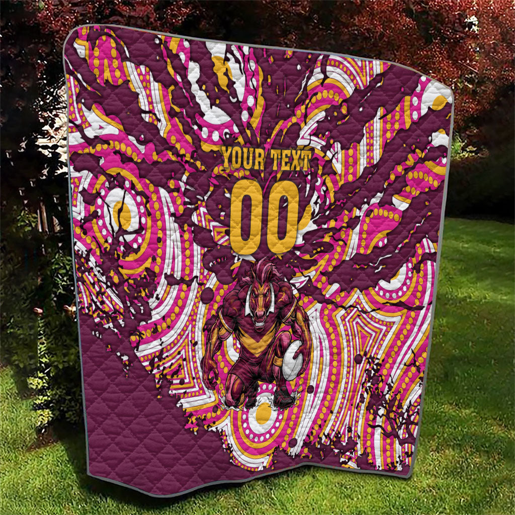 Personalised Brisbane Broncos Rugby Quilt Aboriginal Art Style Pink And Gold Patterned Graphics
