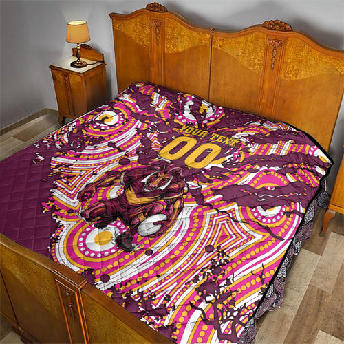 Personalised Brisbane Broncos Rugby Quilt Aboriginal Art Style Pink And Gold Patterned Graphics