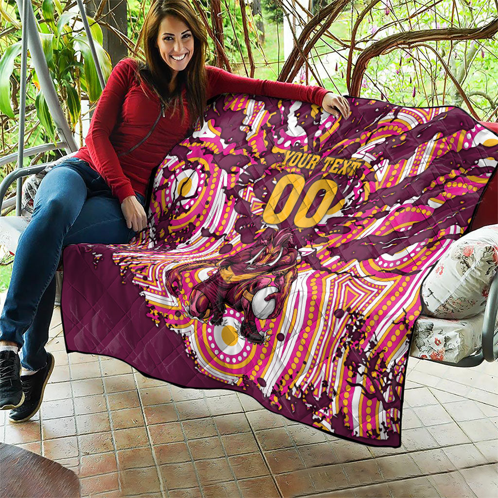 Personalised Brisbane Broncos Rugby Quilt Aboriginal Art Style Pink And Gold Patterned Graphics