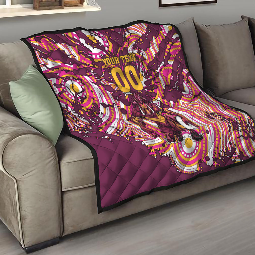 Personalised Brisbane Broncos Rugby Quilt Aboriginal Art Style Pink And Gold Patterned Graphics