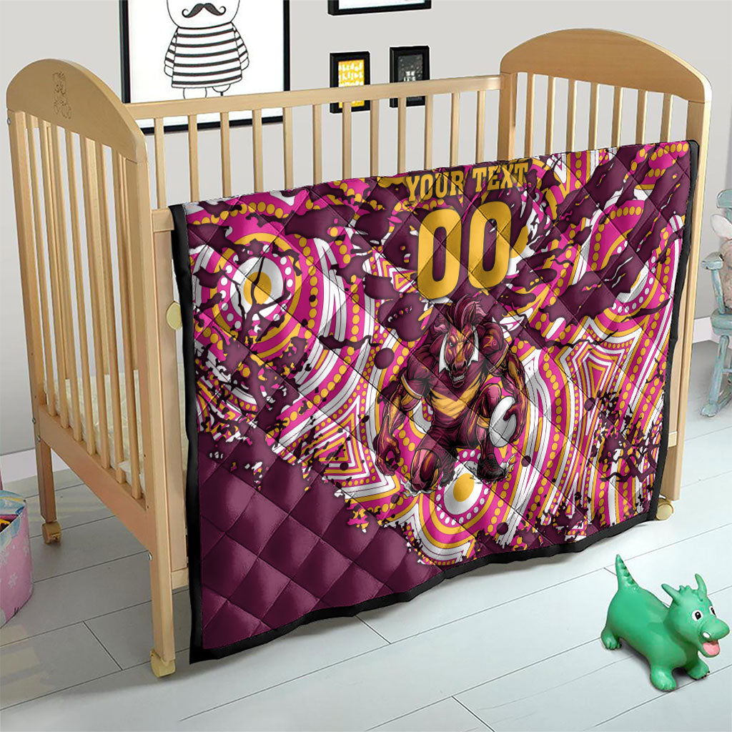 Personalised Brisbane Broncos Rugby Quilt Aboriginal Art Style Pink And Gold Patterned Graphics
