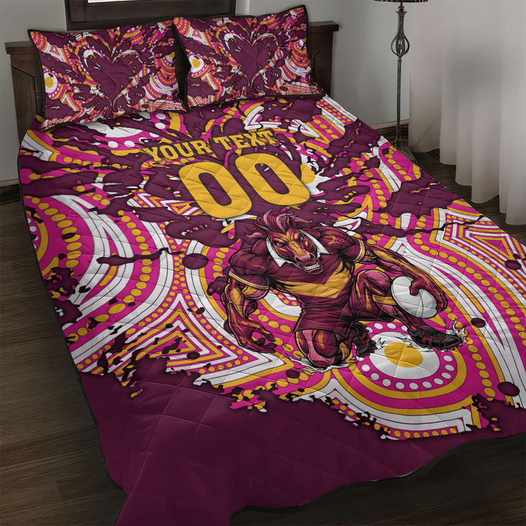 Personalised Brisbane Broncos Rugby Quilt Bed Set Aboriginal Art Style Pink And Gold Patterned Graphics