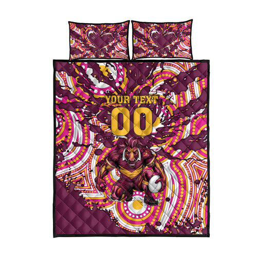 Personalised Brisbane Broncos Rugby Quilt Bed Set Aboriginal Art Style Pink And Gold Patterned Graphics