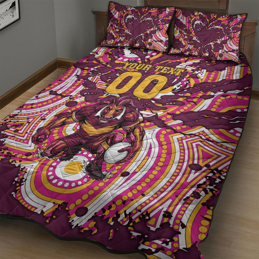 Personalised Brisbane Broncos Rugby Quilt Bed Set Aboriginal Art Style Pink And Gold Patterned Graphics