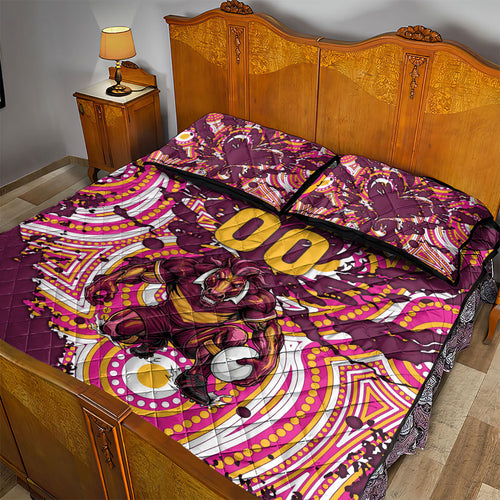 Personalised Brisbane Broncos Rugby Quilt Bed Set Aboriginal Art Style Pink And Gold Patterned Graphics
