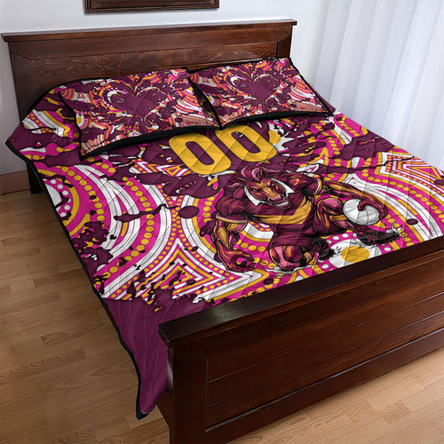 Personalised Brisbane Broncos Rugby Quilt Bed Set Aboriginal Art Style Pink And Gold Patterned Graphics