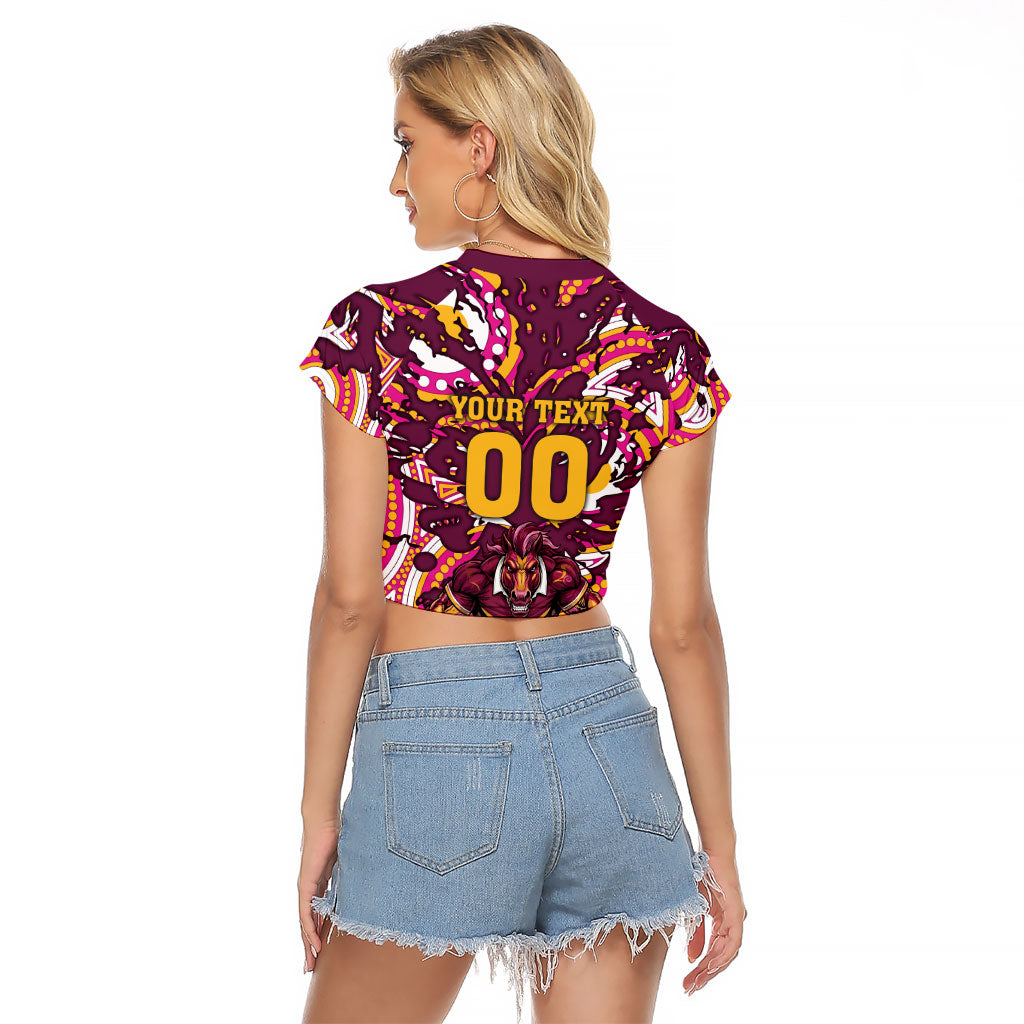 Personalised Brisbane Broncos Rugby Raglan Cropped T Shirt Aboriginal Art Style Pink And Gold Patterned Graphics