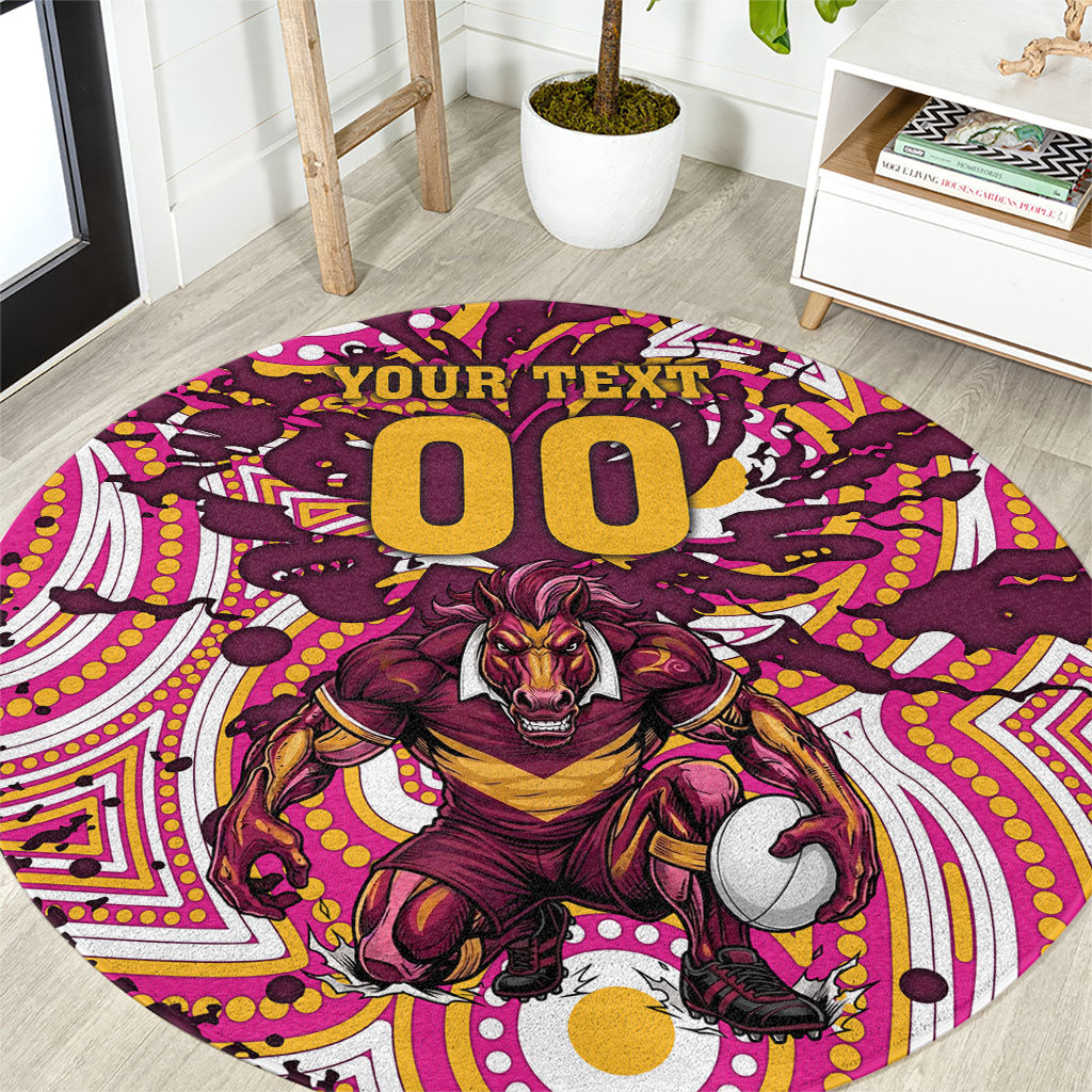 Personalised Brisbane Broncos Rugby Round Carpet Aboriginal Art Style Pink And Gold Patterned Graphics