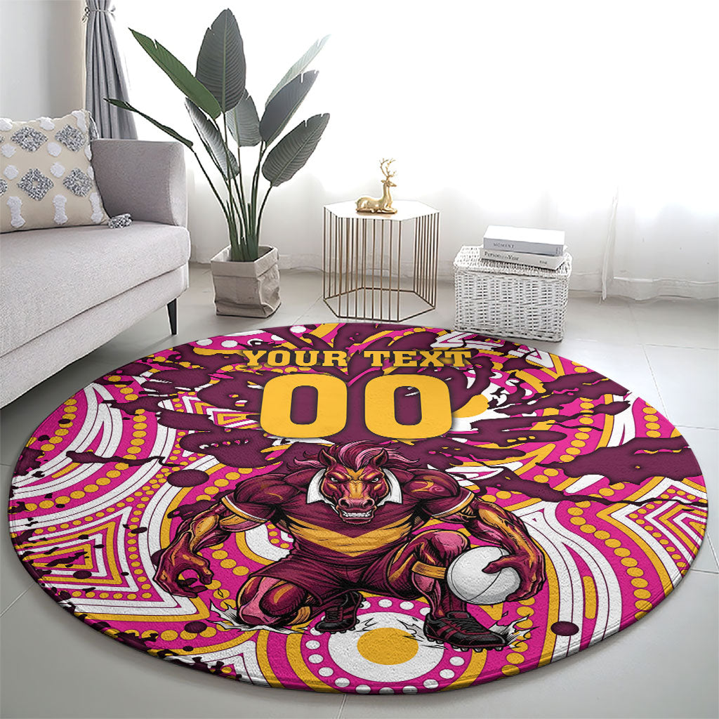 Personalised Brisbane Broncos Rugby Round Carpet Aboriginal Art Style Pink And Gold Patterned Graphics
