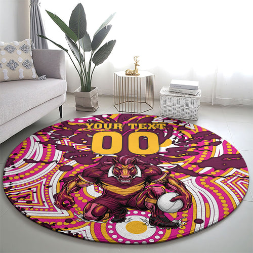Personalised Brisbane Broncos Rugby Round Carpet Aboriginal Art Style Pink And Gold Patterned Graphics