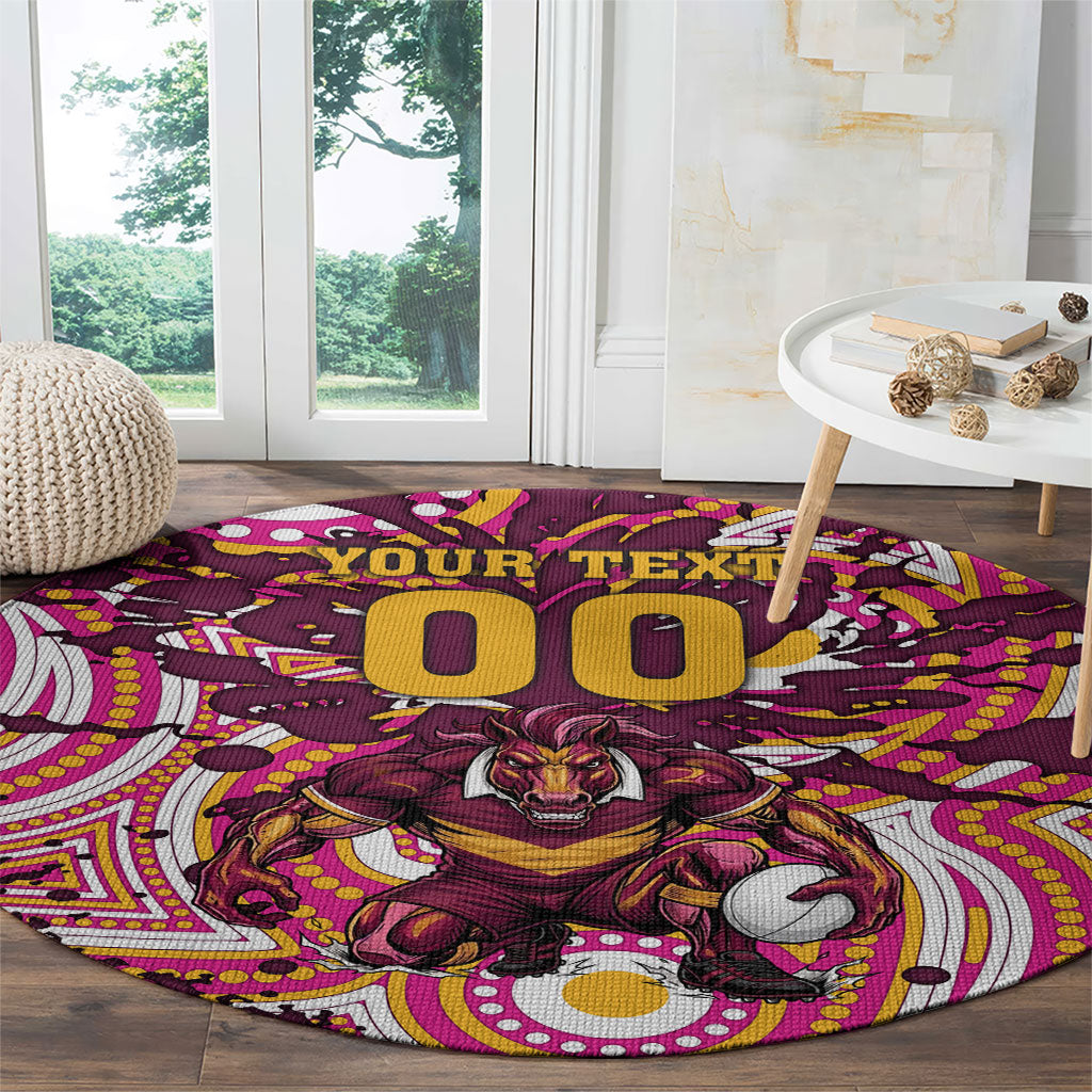Personalised Brisbane Broncos Rugby Round Carpet Aboriginal Art Style Pink And Gold Patterned Graphics