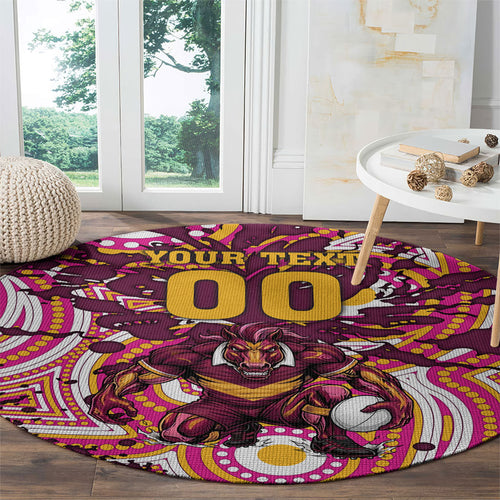Personalised Brisbane Broncos Rugby Round Carpet Aboriginal Art Style Pink And Gold Patterned Graphics