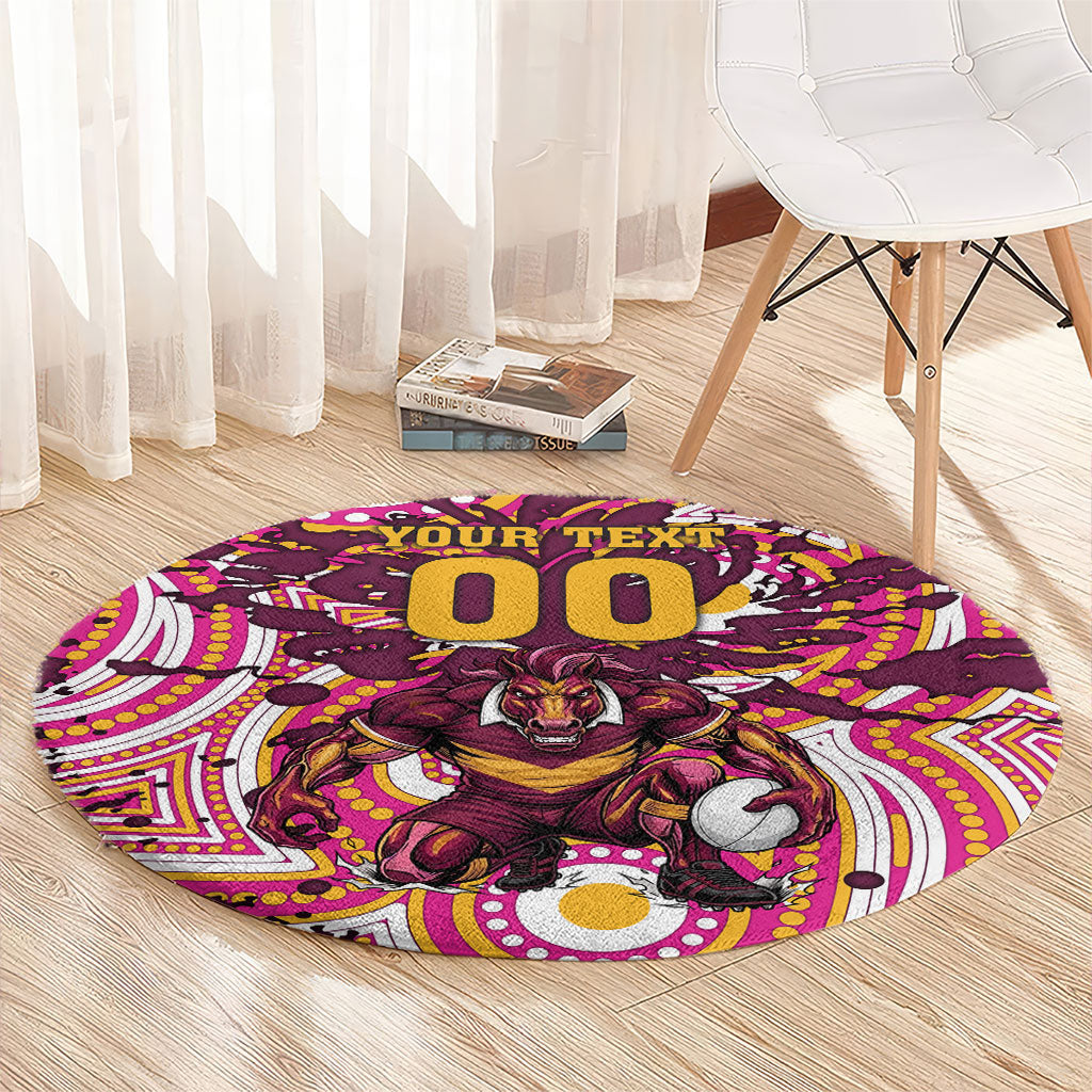 Personalised Brisbane Broncos Rugby Round Carpet Aboriginal Art Style Pink And Gold Patterned Graphics
