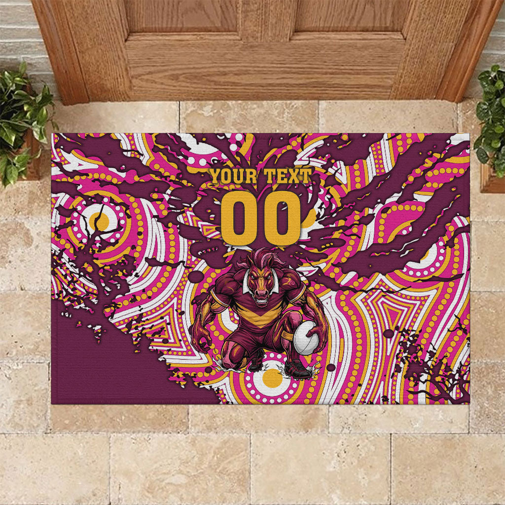 Personalised Brisbane Broncos Rugby Rubber Doormat Aboriginal Art Style Pink And Gold Patterned Graphics