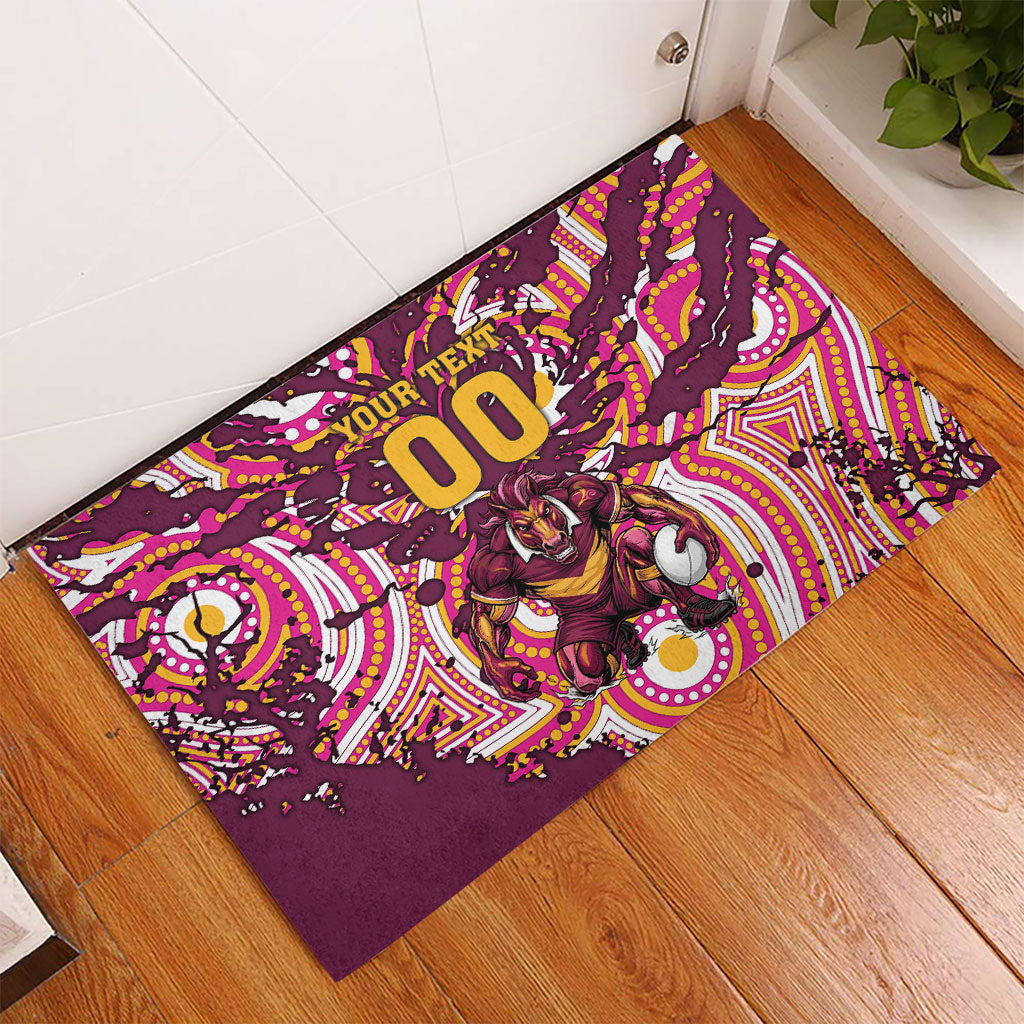 Personalised Brisbane Broncos Rugby Rubber Doormat Aboriginal Art Style Pink And Gold Patterned Graphics