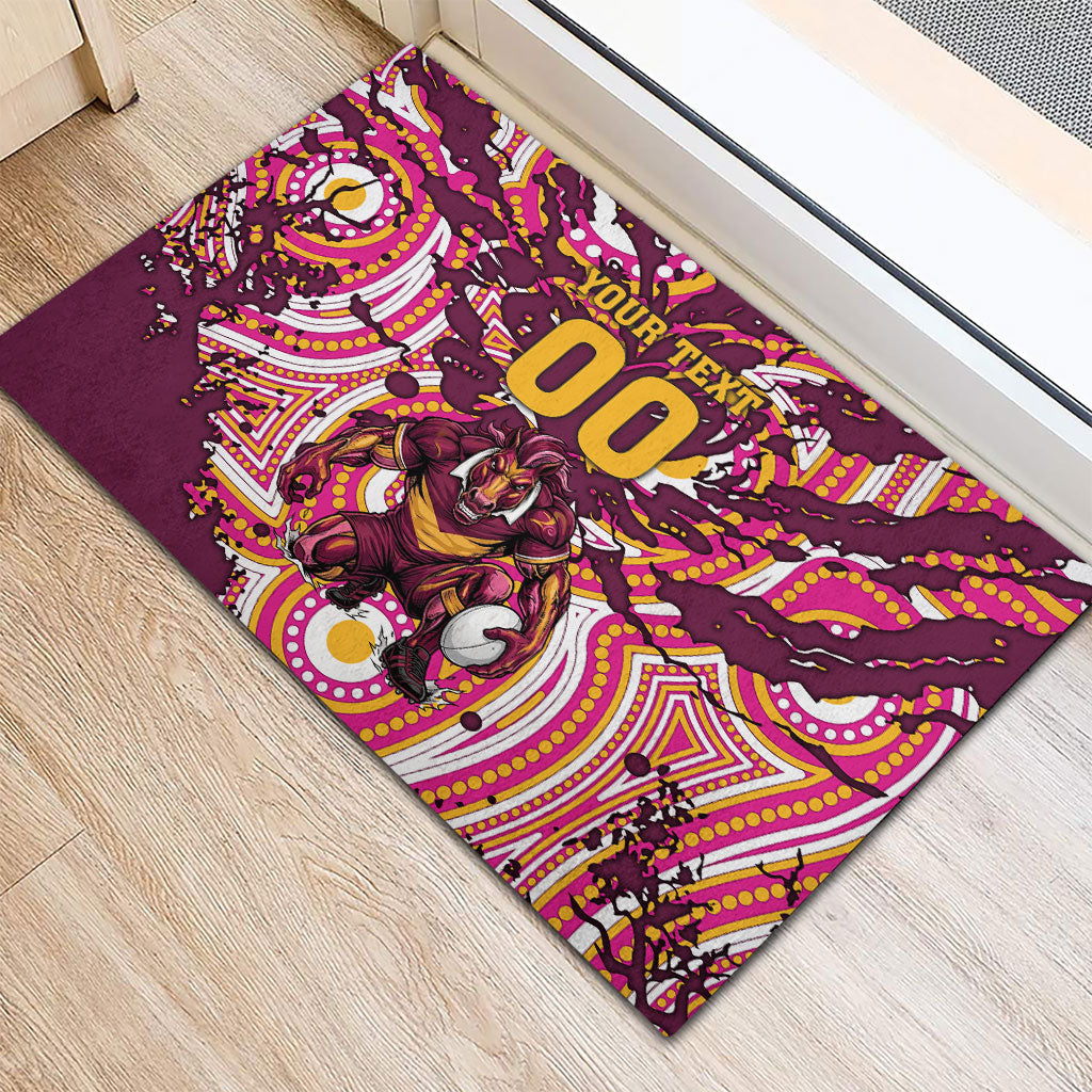 Personalised Brisbane Broncos Rugby Rubber Doormat Aboriginal Art Style Pink And Gold Patterned Graphics