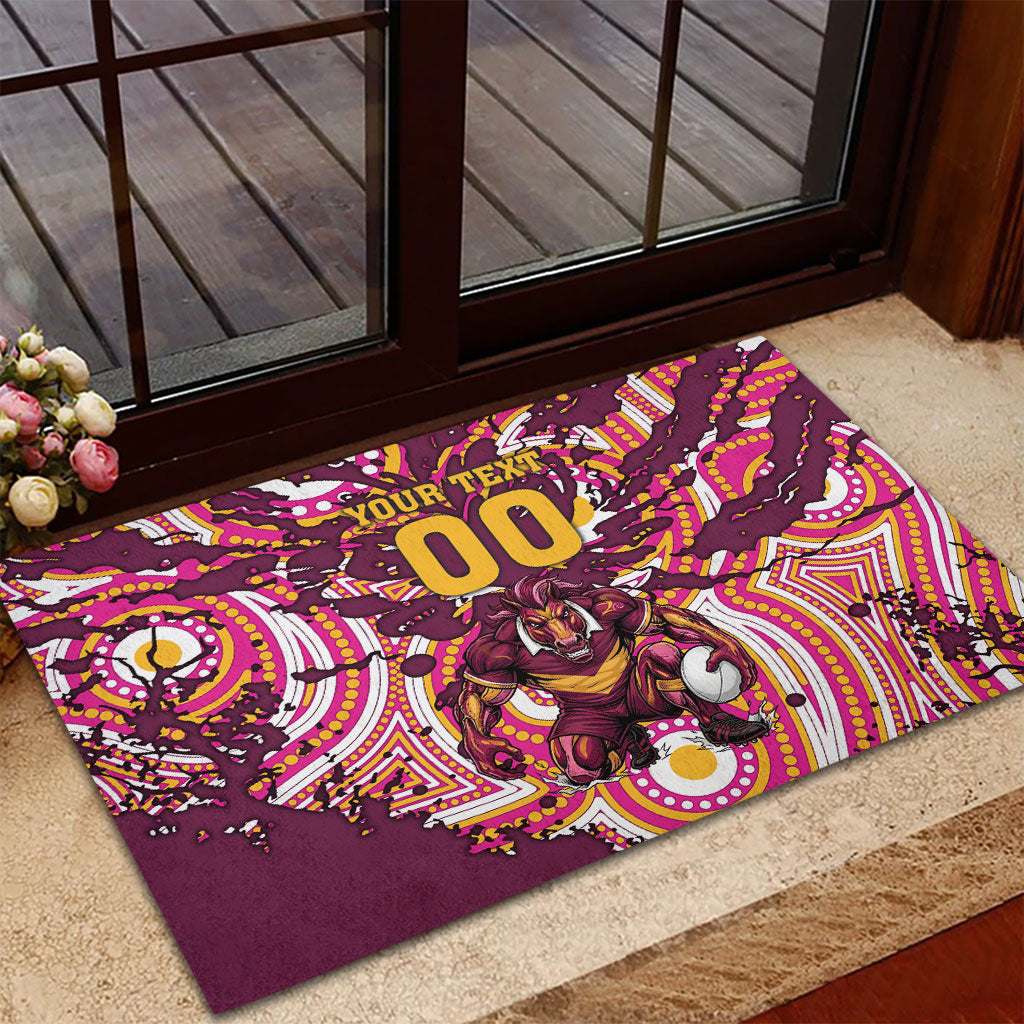 Personalised Brisbane Broncos Rugby Rubber Doormat Aboriginal Art Style Pink And Gold Patterned Graphics
