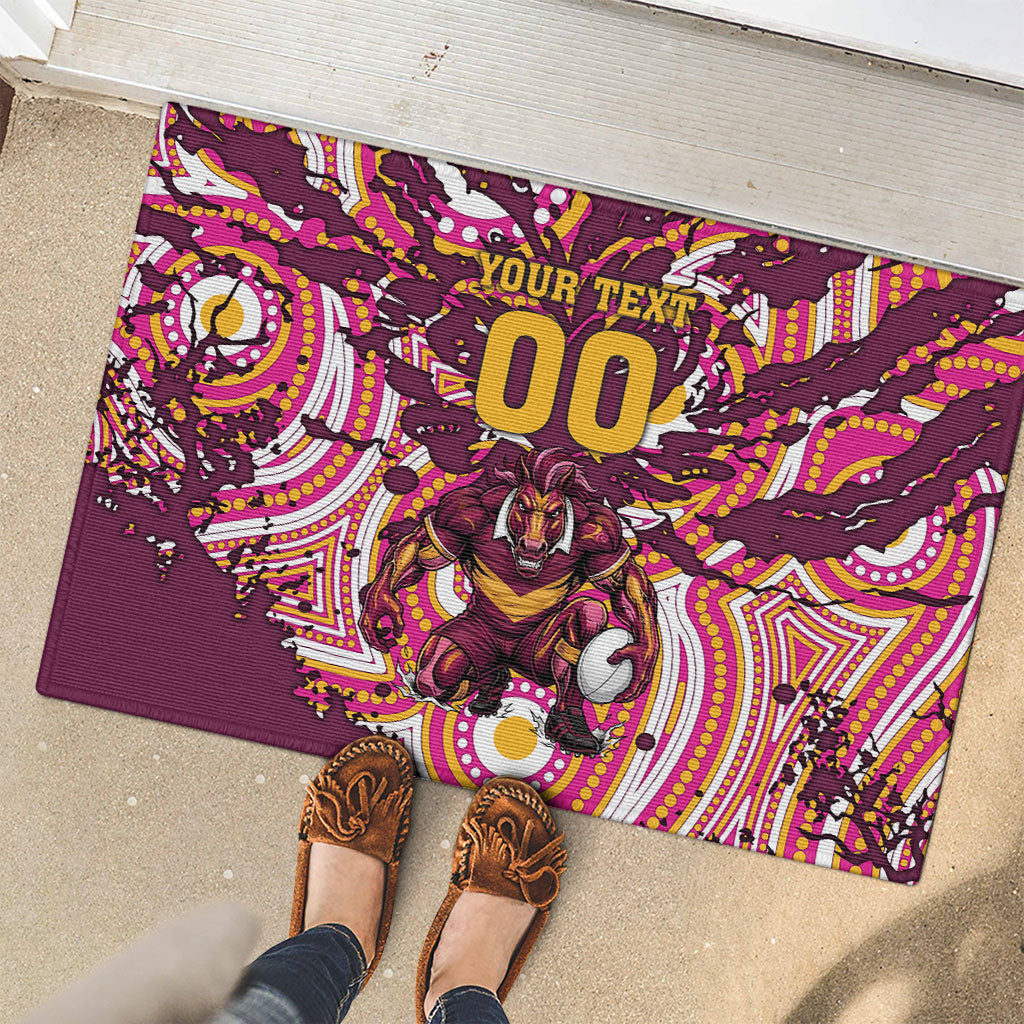 Personalised Brisbane Broncos Rugby Rubber Doormat Aboriginal Art Style Pink And Gold Patterned Graphics