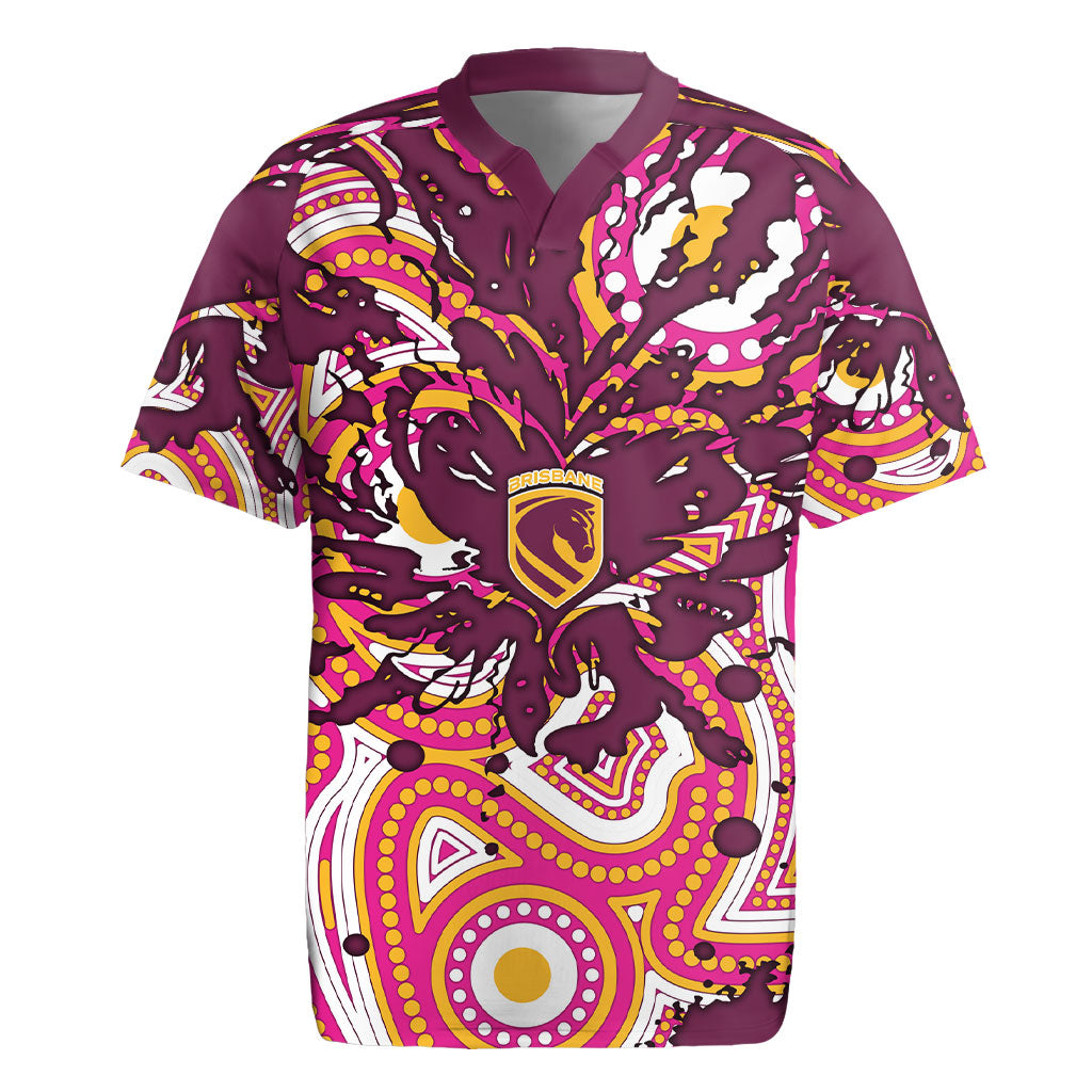 Personalised Brisbane Broncos Rugby Rugby Jersey Aboriginal Art Style Pink And Gold Patterned Graphics