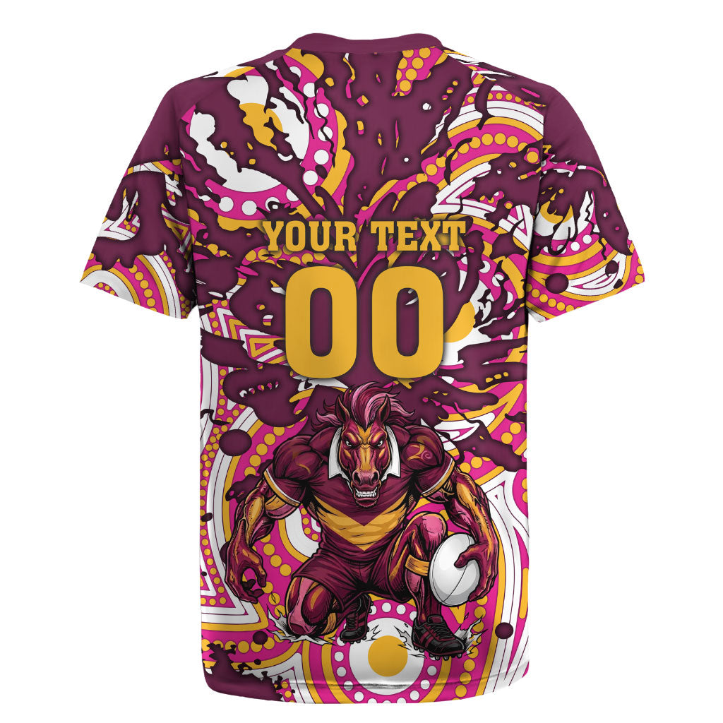 Personalised Brisbane Broncos Rugby Rugby Jersey Aboriginal Art Style Pink And Gold Patterned Graphics