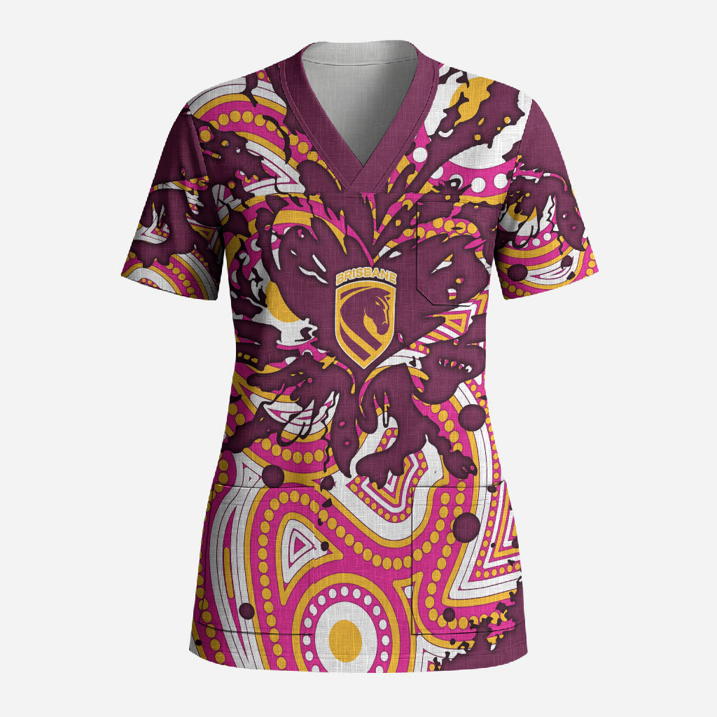 Personalised Brisbane Broncos Rugby Scrub Top Aboriginal Art Style Pink And Gold Patterned Graphics