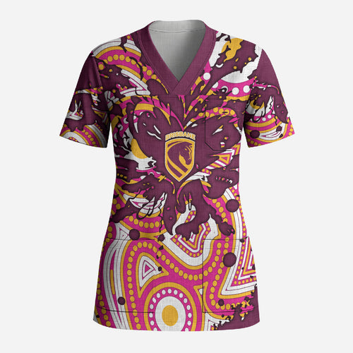 Personalised Brisbane Broncos Rugby Scrub Top Aboriginal Art Style Pink And Gold Patterned Graphics