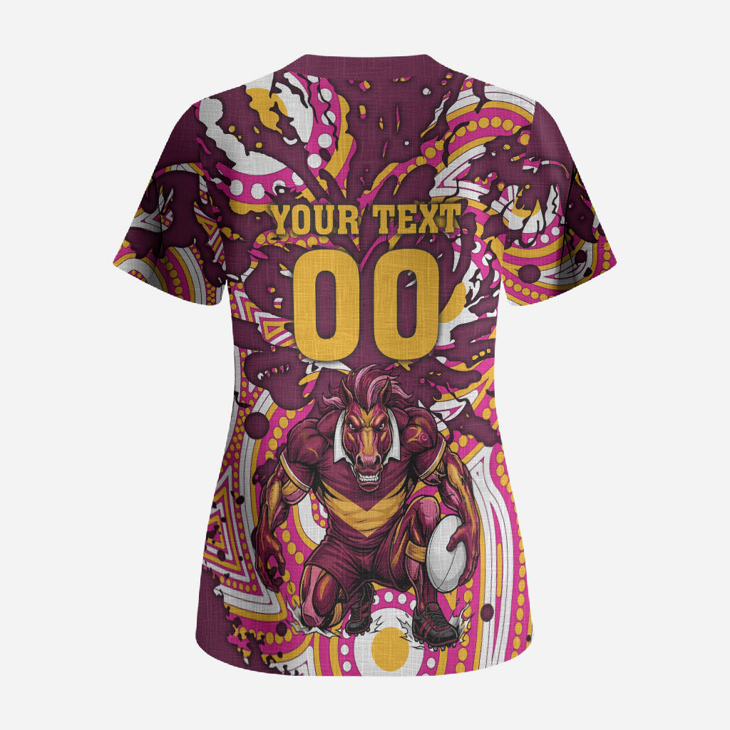 Personalised Brisbane Broncos Rugby Scrub Top Aboriginal Art Style Pink And Gold Patterned Graphics