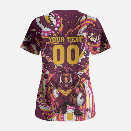 Personalised Brisbane Broncos Rugby Scrub Top Aboriginal Art Style Pink And Gold Patterned Graphics