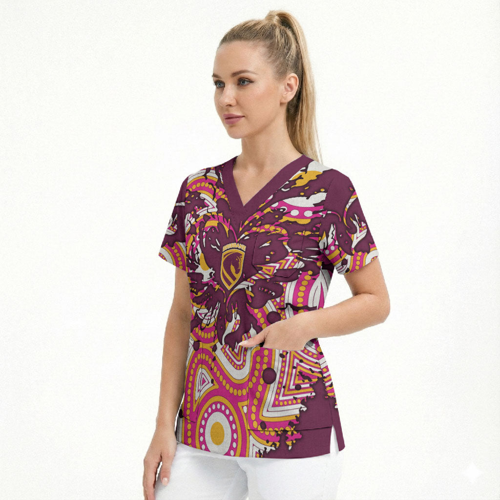 Personalised Brisbane Broncos Rugby Scrub Top Aboriginal Art Style Pink And Gold Patterned Graphics