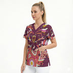 Personalised Brisbane Broncos Rugby Scrub Top Aboriginal Art Style Pink And Gold Patterned Graphics
