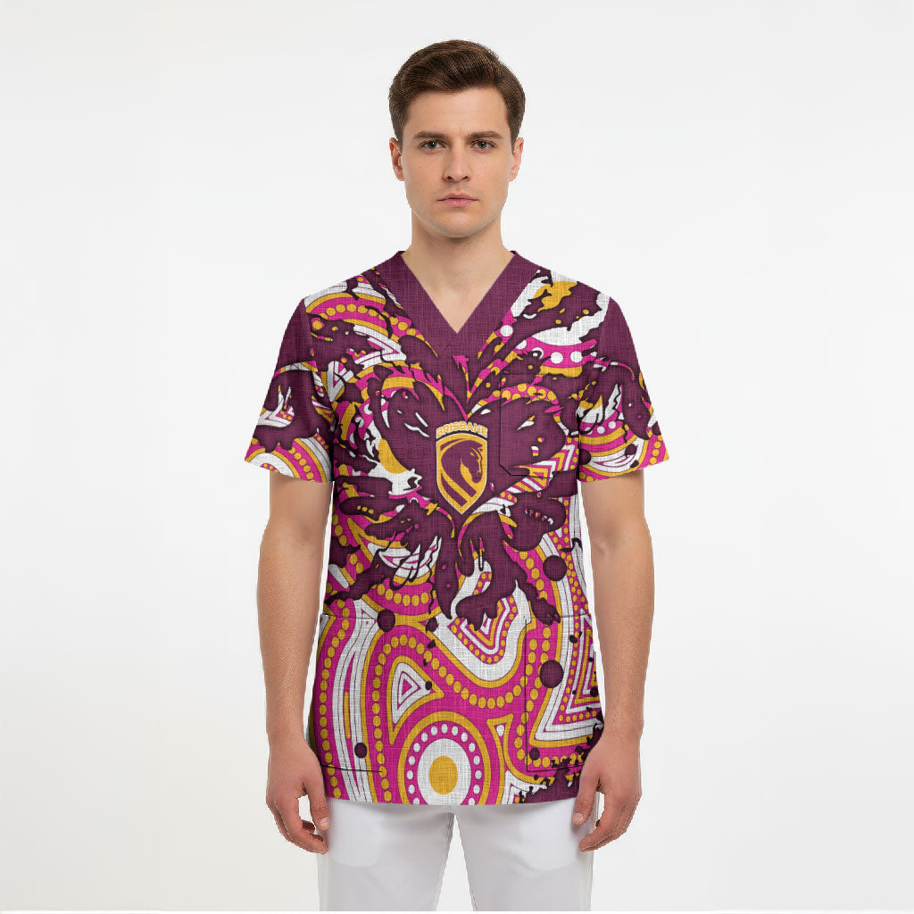 Personalised Brisbane Broncos Rugby Scrub Top Aboriginal Art Style Pink And Gold Patterned Graphics
