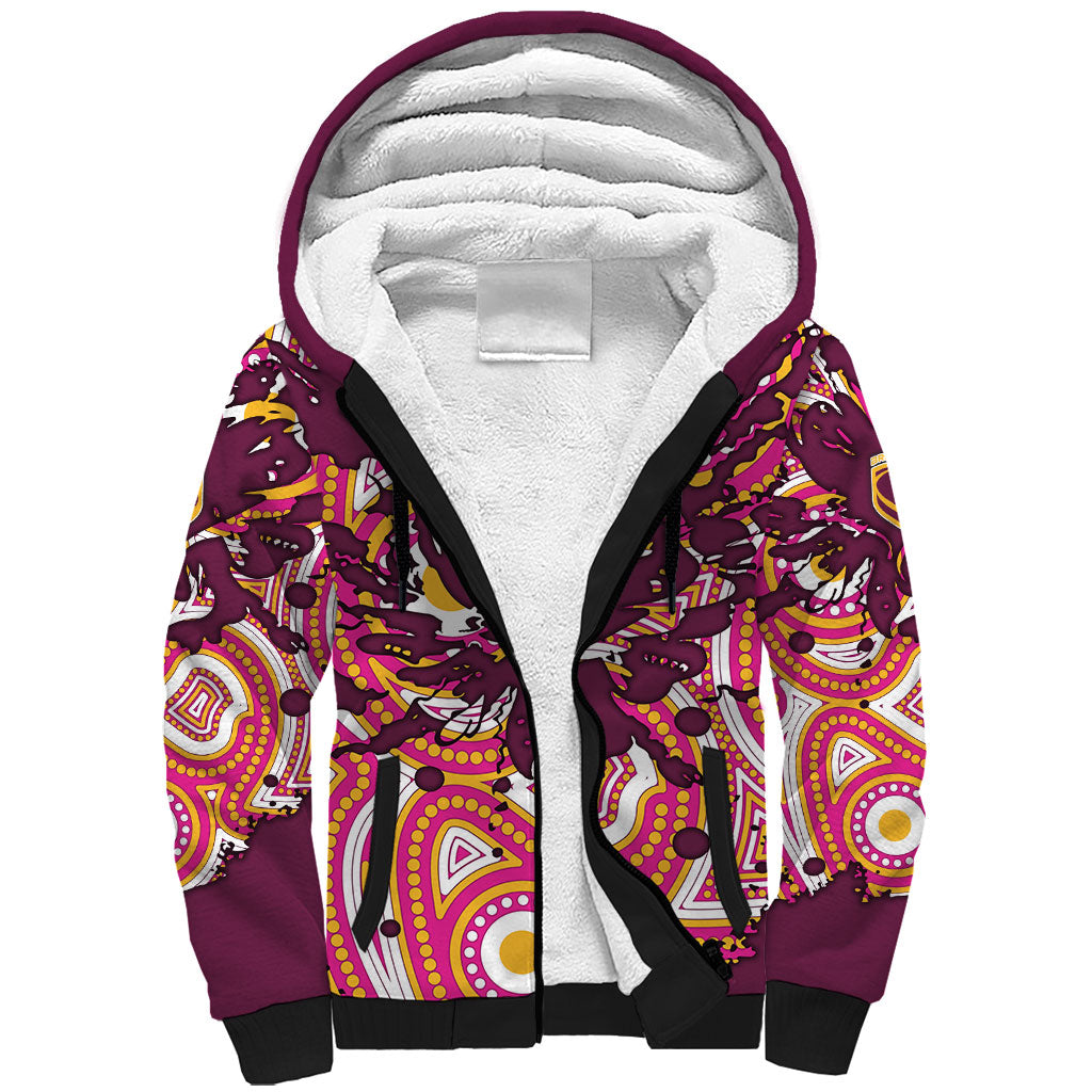 Personalised Brisbane Broncos Rugby Sherpa Hoodie Aboriginal Art Style Pink And Gold Patterned Graphics