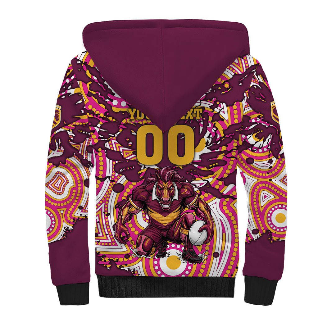 Personalised Brisbane Broncos Rugby Sherpa Hoodie Aboriginal Art Style Pink And Gold Patterned Graphics