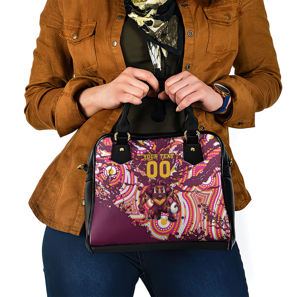Personalised Brisbane Broncos Rugby Shoulder Handbag Aboriginal Art Style Pink And Gold Patterned Graphics