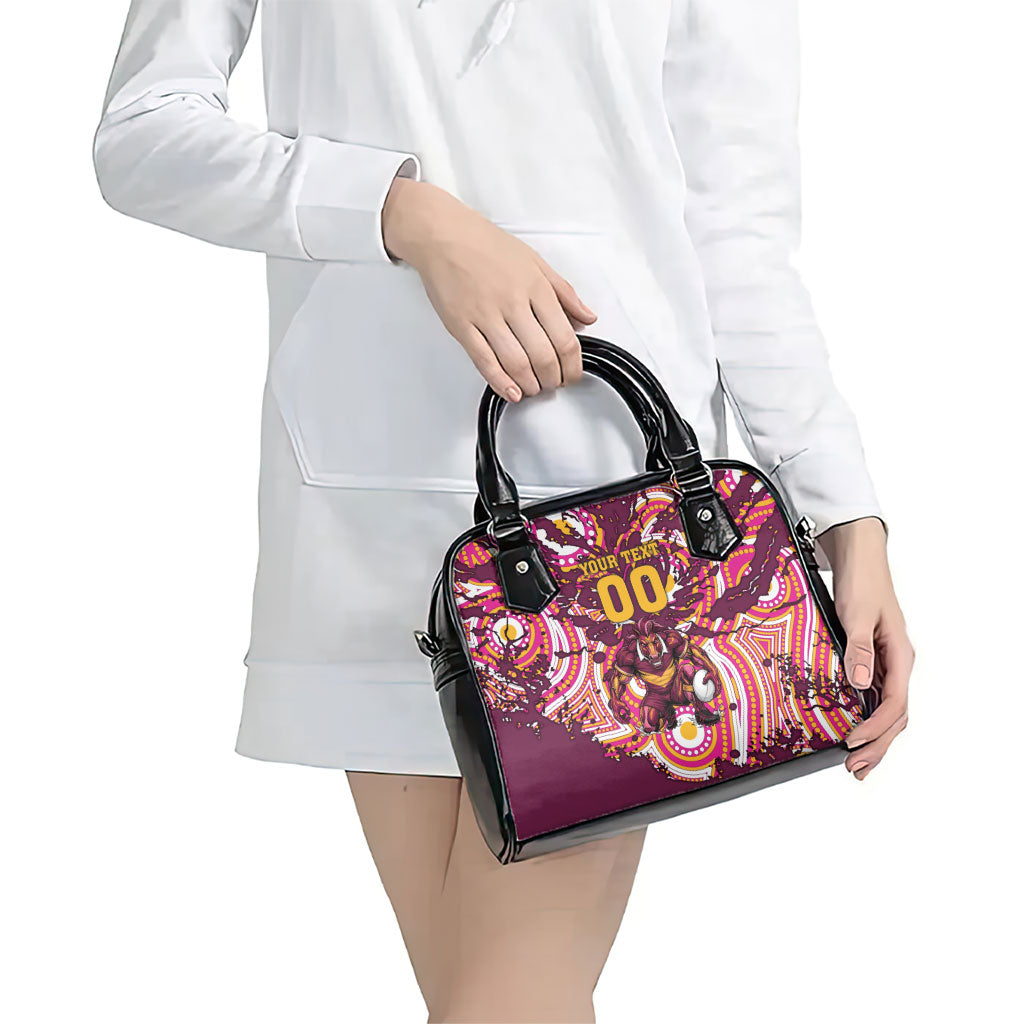 Personalised Brisbane Broncos Rugby Shoulder Handbag Aboriginal Art Style Pink And Gold Patterned Graphics