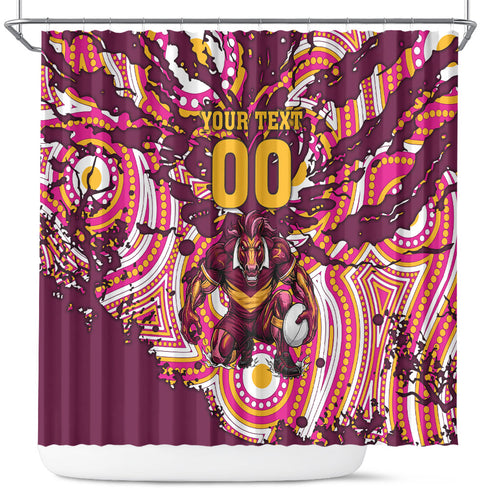 Personalised Brisbane Broncos Rugby Shower Curtain Aboriginal Art Style Pink And Gold Patterned Graphics
