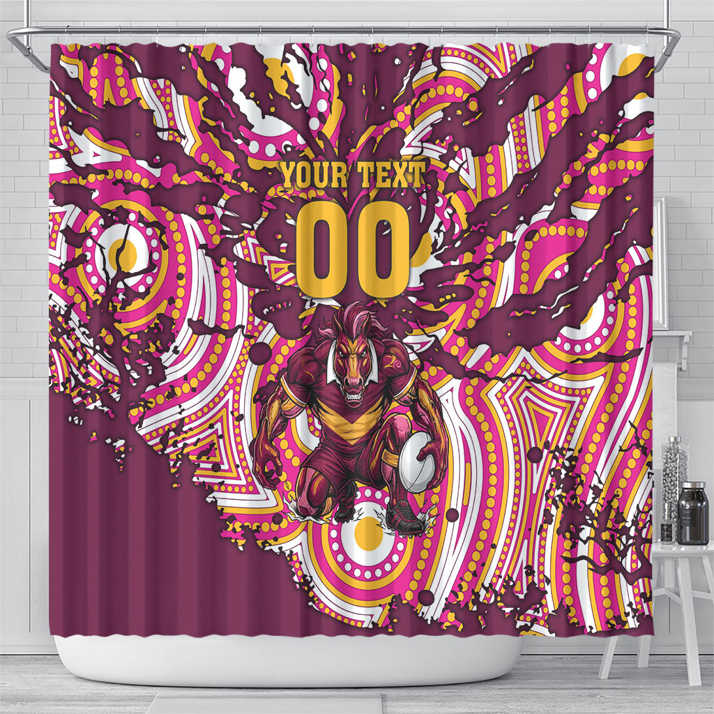 Personalised Brisbane Broncos Rugby Shower Curtain Aboriginal Art Style Pink And Gold Patterned Graphics