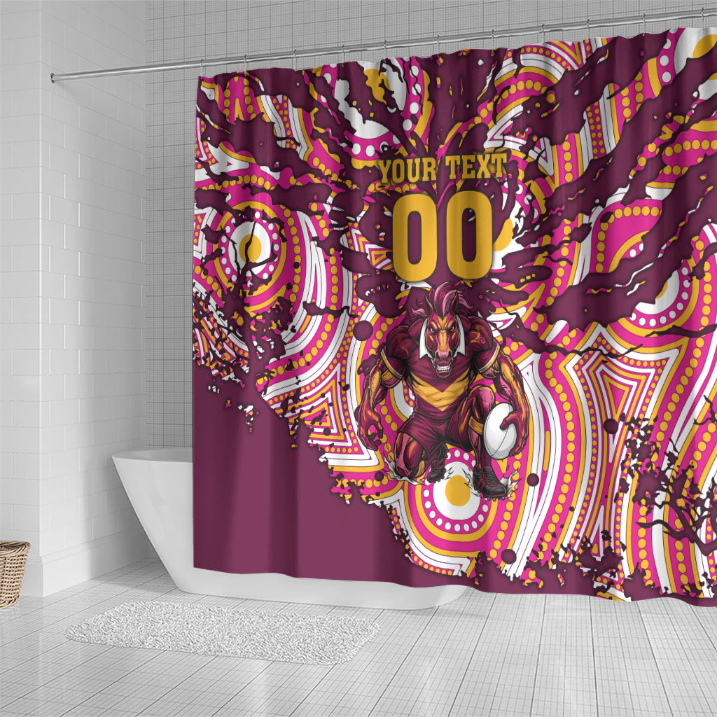 Personalised Brisbane Broncos Rugby Shower Curtain Aboriginal Art Style Pink And Gold Patterned Graphics