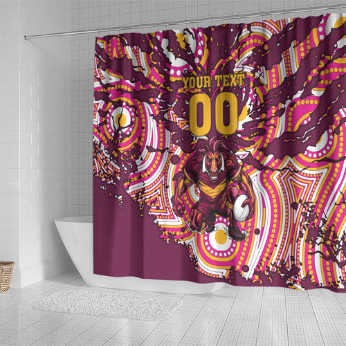 Personalised Brisbane Broncos Rugby Shower Curtain Aboriginal Art Style Pink And Gold Patterned Graphics