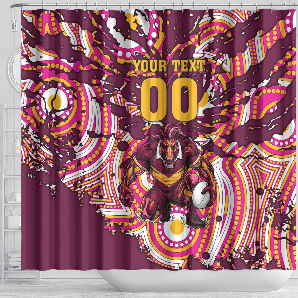 Personalised Brisbane Broncos Rugby Shower Curtain Aboriginal Art Style Pink And Gold Patterned Graphics