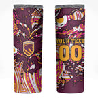 Personalised Brisbane Broncos Rugby Skinny Tumbler Aboriginal Art Style Pink And Gold Patterned Graphics
