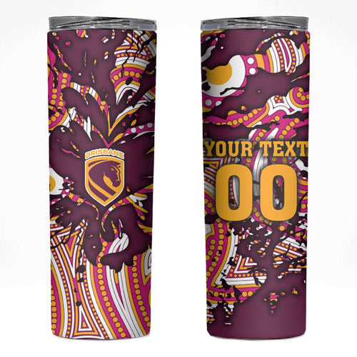 Personalised Brisbane Broncos Rugby Skinny Tumbler Aboriginal Art Style Pink And Gold Patterned Graphics