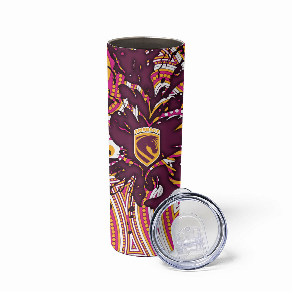 Personalised Brisbane Broncos Rugby Skinny Tumbler Aboriginal Art Style Pink And Gold Patterned Graphics