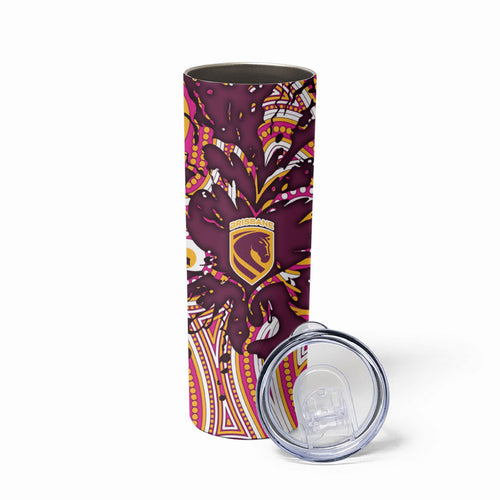 Personalised Brisbane Broncos Rugby Skinny Tumbler Aboriginal Art Style Pink And Gold Patterned Graphics